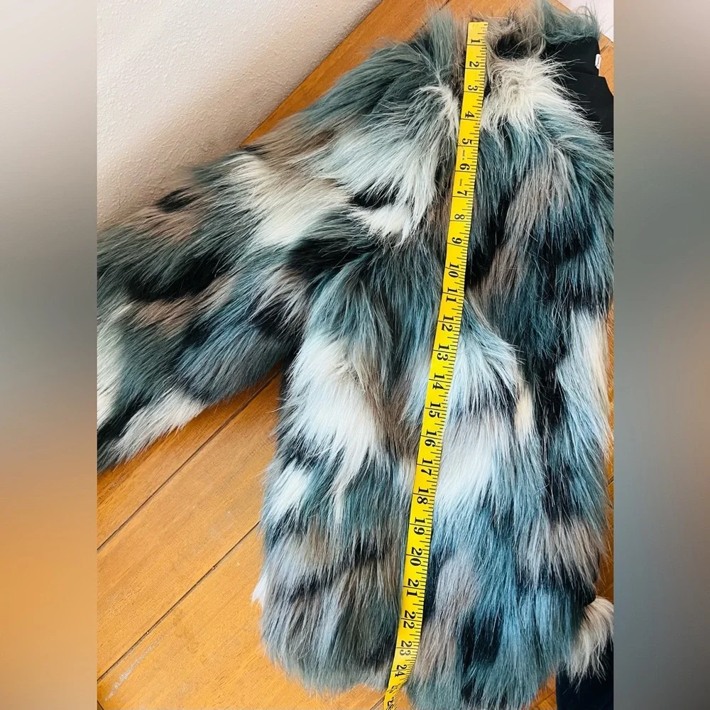 Willow And Clay Faux Fur Coat Teal Gray Multi Color Open Front Jacket Boho - Picture 9 of 12